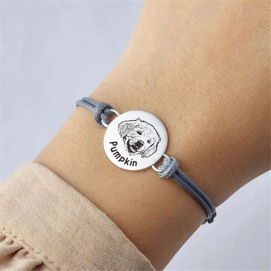 BarkBlings™ Custom Pet Portrait Bracelet – Adjustable Leather with Round Pendant, Perfect Gift for Dog Lovers